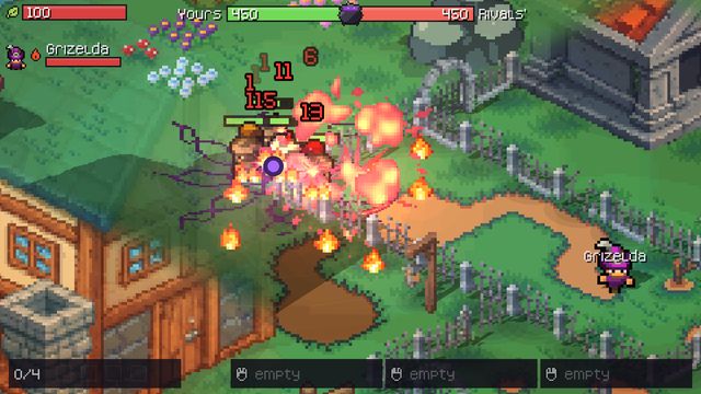 A gravity well pulls enemies together as a fireball lands on them